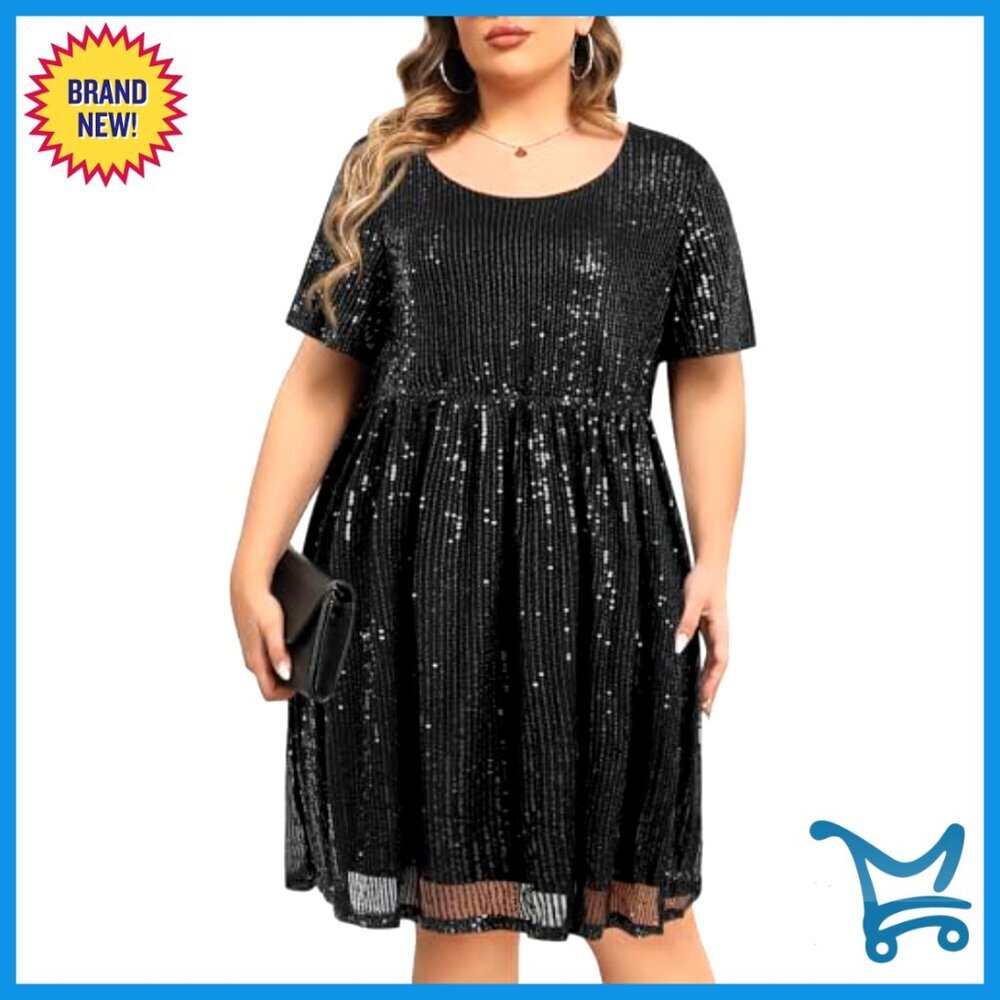 Sequin Mini Dress A-Line Pleated Scoop Neck Cocktail Party Elegant - Picture 5 of 7